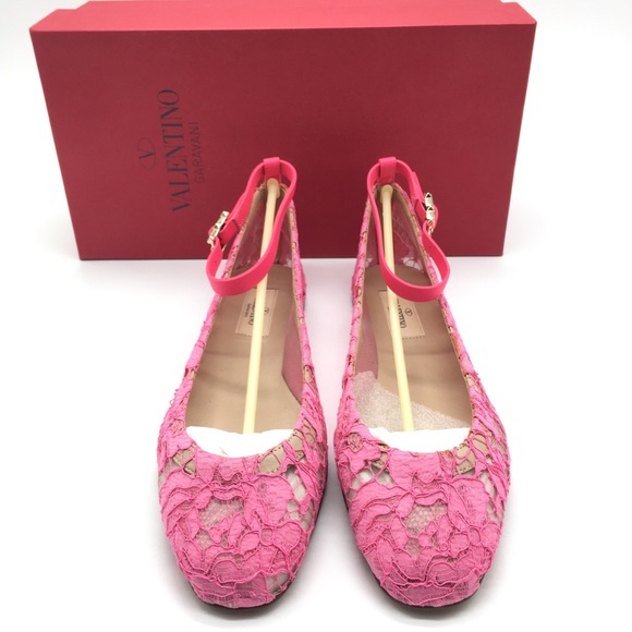 NIB Valentino Garavani Lace Ankle Strap Flats in Pink Size 38 - Picture 2 of 9